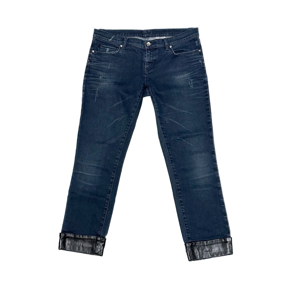 Love Moschino Leather Cuff Cropped Jeans Hip Slung Dark Blue Denim Bling Pocket